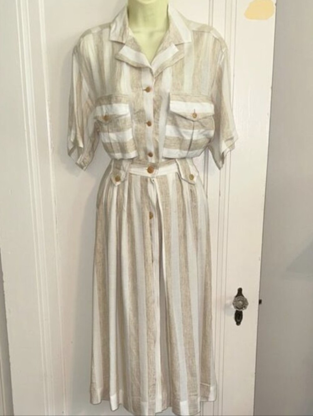 Vintage 80s Laurel Ann Tan & Cream Striped short sleeve shirt & midi‎ skirt set